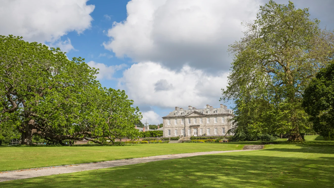 Antony House, Cornwall - the north front of this elegant 18th-century house in silvery Pentewan stone